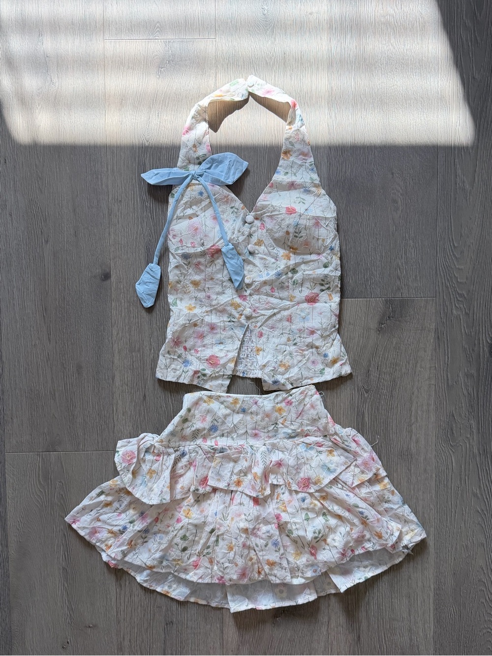 Floral Skirt Set with Blue Bow Top – Size XS
